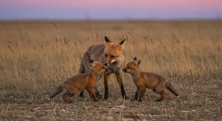 Mother fox with her three cubs playing in a dry meadow.

