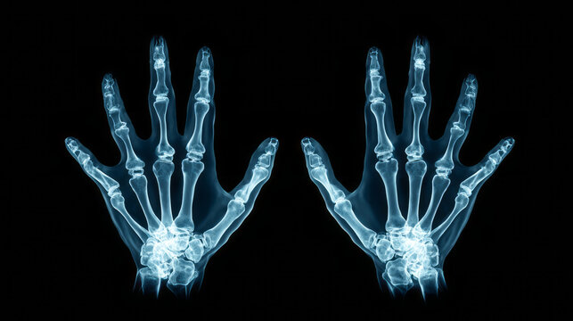 X ray image of two skeletal hands on black background