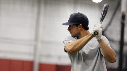 Baseball player practicing swing indoors with focus and determination
