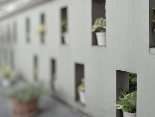 A row of potted plants set into square niches along a wall, creating a minimalist and serene...