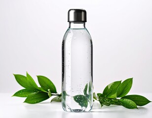 Glass Bottle with Water and Greenery Decoration on White