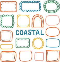 Collection of hand drawn colorful wavy frames different shapes Hand Drawn Decorative Frame Collection, Colorful Doodle Borders and Labels Set, Cute Coastal Style Vector Illustration