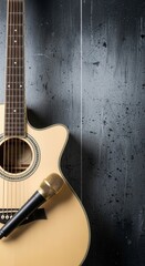 Naklejka premium Acoustic guitar and microphone on dark grunge background