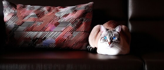 A cat resting on a couch with a patterned pillow