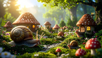 Sunlit whimsical mushroom village nestled in a verdant, flower-filled forest, with several snails meandering along a mossy path