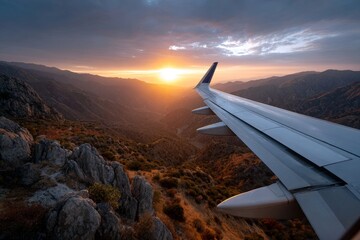 Airplane Wing with Extended Flaps During Sunset Over Mountain Range