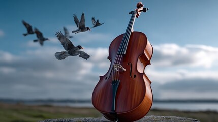 Cello Surrounded by Flying Birds Against a Scenic Background