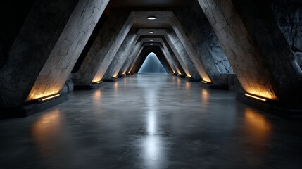 Futuristic Symmetrical Hallway with Glowing Neon Lights and Shadows