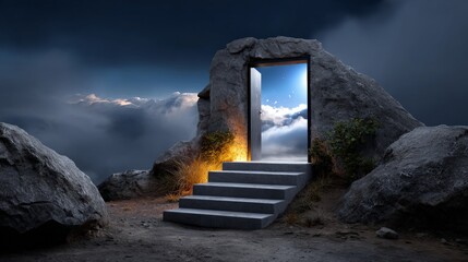 Glowing Open Door with Floating Staircase Under Blue Sky