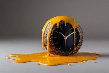 Melting Clock Design with Orange Liquid draping Over a Beige Surface