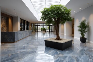 Modern Symmetrical Office Lobby with High Ceiling and Greenery