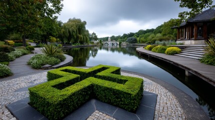 Sculptural Maze in Botanical Garden Surrounded by Lush Greenery