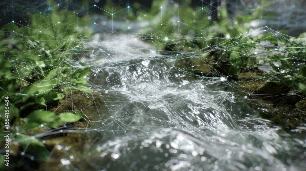 Poster a stream flows through a lush green environment with a network overlaying the scene beautifully