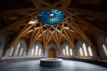 Symmetrical Cathedral Ceiling with Stunning Stained Glass Windows