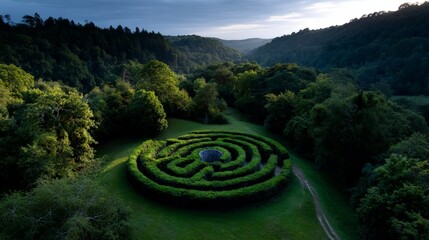 Aerial View of a Circular Green Maze Surrounded by Lush Landscape