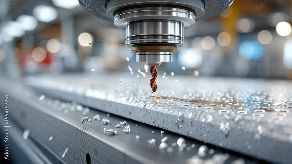 Poster cnc machine in action: a high-angle view of a cnc machine precisely cutting metal, a mesmerizing dis