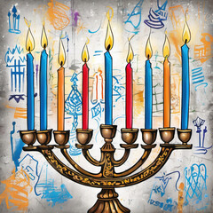 Multi-Angle View: Vibrant Hanukkah Menorah in Graffiti Style