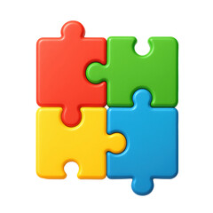 Four vibrant 3d rendered puzzle pieces in red, green, yellow, and blue are perfectly interlocked, representing unity, problem solving, and collaboration.