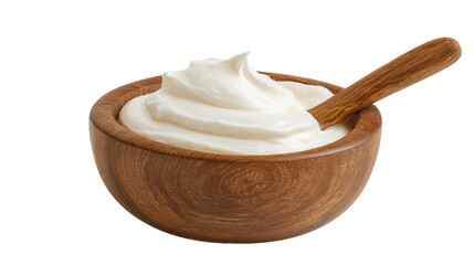 a wooden bowl filled with whipped cream and a wooden spoon