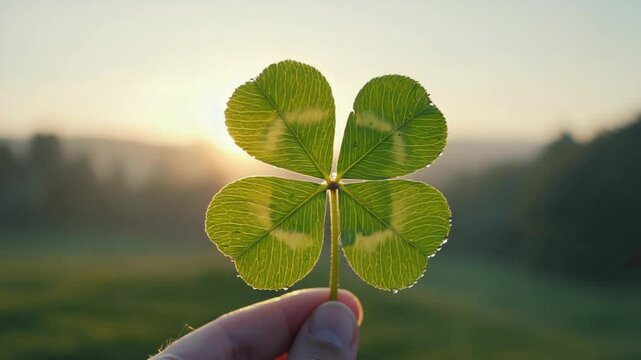 A hand holding a vibrant four-leaf clover against blurred green, symbolizing luck, fortune, and natural beauty. Ideal for nature or motivational themes.