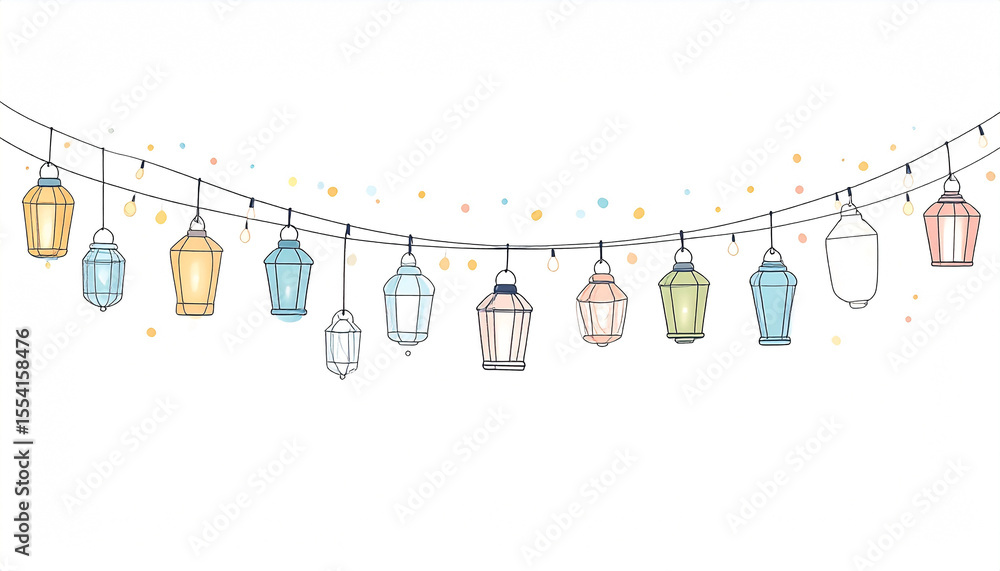 Poster a string of pastel-colored lanterns and small lights hangs in a gentle curve against a white backgro