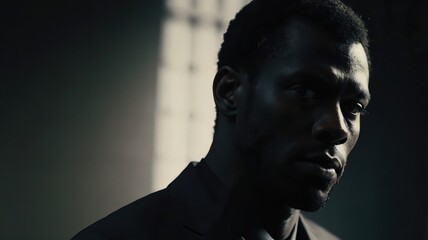 Obraz premium A close up of a serious african american man in a suit looking to the side in dim lighting