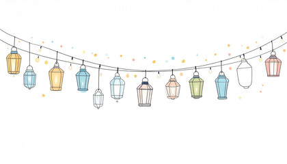 A string of pastel-colored lanterns and small lights hangs in a gentle curve against a white background, interspersed with confetti