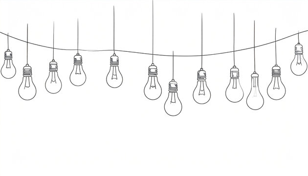 A string of simple line-drawn lightbulbs hangs in a gentle curve against a white background, suggesting ideas or inspiration