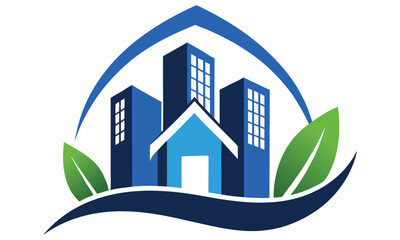 Blue buildings and a house with green leaves and a blue arc on a white background design logo