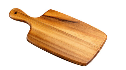 a wooden cutting board with a handle on a white surface