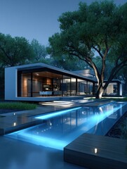 Fototapeta premium Modern house by a pool at twilight (1)