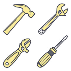 Yellow Hand Tools Hammer, Wrenches, Screwdriver