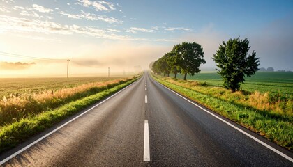 Fototapeta premium Sunrise Over Misty Country Road