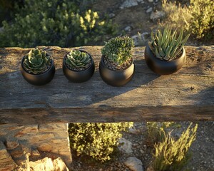 Four small, dark-colored pots holding succulents on a rustic wooden beam
