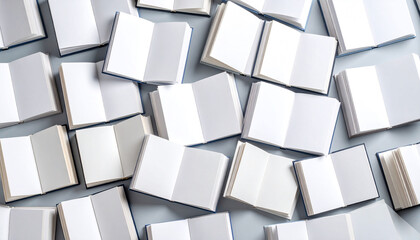 A flatlay showcasing numerous small, open books with blank white pages and navy blue covers, scattered across a light gray surface