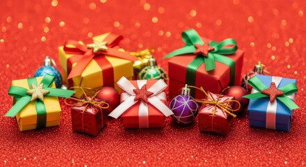 Pile of Festive Christmas Gifts Wrapped in Colorful Paper with Ribbons and Bows on a Red Glitter Background with Christmas Ornaments