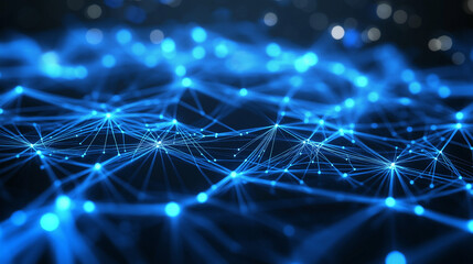 Abstract digital network, interconnected glowing blue nodes and lines, neural network. Ai generated image