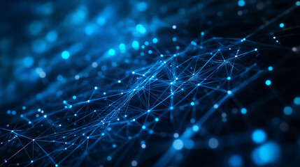 Abstract digital network, interconnected glowing blue nodes and lines, neural network. Ai generated image