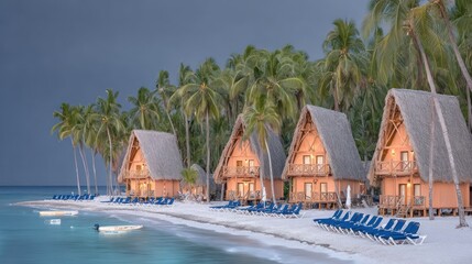 Tropical beachfront huts at twilight
