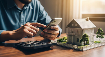 Man Calculating Real Estate Investment Using Mobile Phone Beside House Model on Wooden Desk in Warm Lit Interior