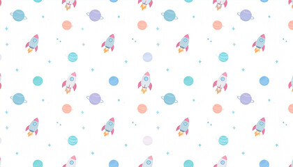 A repeating pattern of pastel rockets and planets on a white background; a playful space-themed design ideal for children's products
