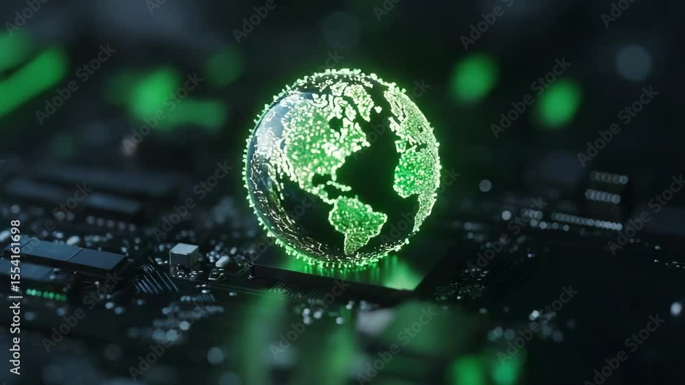 Poster technology and nature concept.a glowing digital earth rests on a computer chip, symbolizing global c