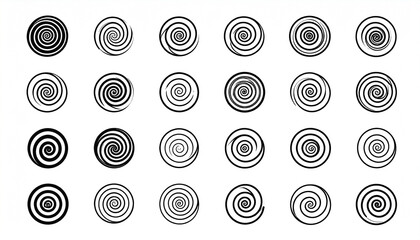 A collection of thirty-six distinct black and white spiral designs, varying in thickness, tightness, and direction, arranged in a grid pattern