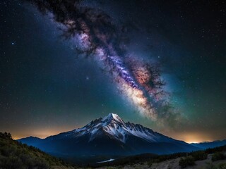 Photorealistic image of the Milky Way galaxy over a mountain landscape, clear night sky