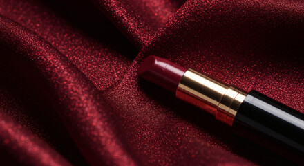 Luxurious Dark Red Lipstick on Glittering Red Fabric Elegant Cosmetic Product Shot
