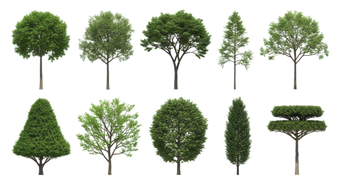 Different shaped trees collection for landscape design isolated PNG with Transparent Background