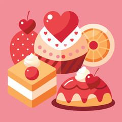 Vector art of collection of cute cartoon hearts flowers and sweet treats perfect for valentines day