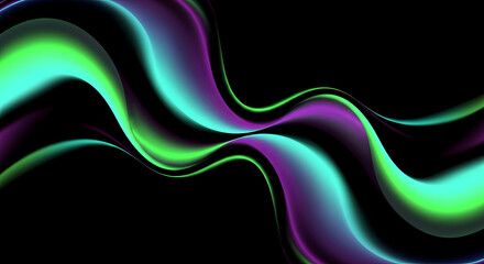 Abstract swirling neon waves of green, purple, and teal on a black background.