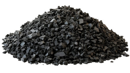 A detailed view showcases a pile of dark, fragmented coal against a stark black backdrop, ideal for energy or industrial themes, transparent background