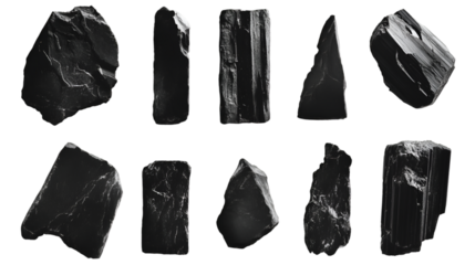 Collection of obsidian specimens showcasing a range of shapes and sizes against a stark black backdrop for geological study or artistic use, transparent background